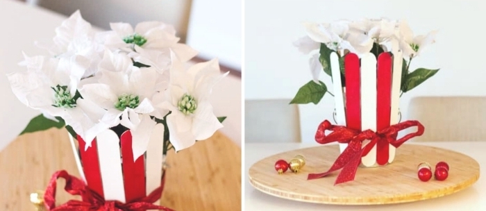 decoration de table de noel a faire soi meme, modèle de pot de fleur DIY fait avec bâtons de glace repeints en blanc et rouge