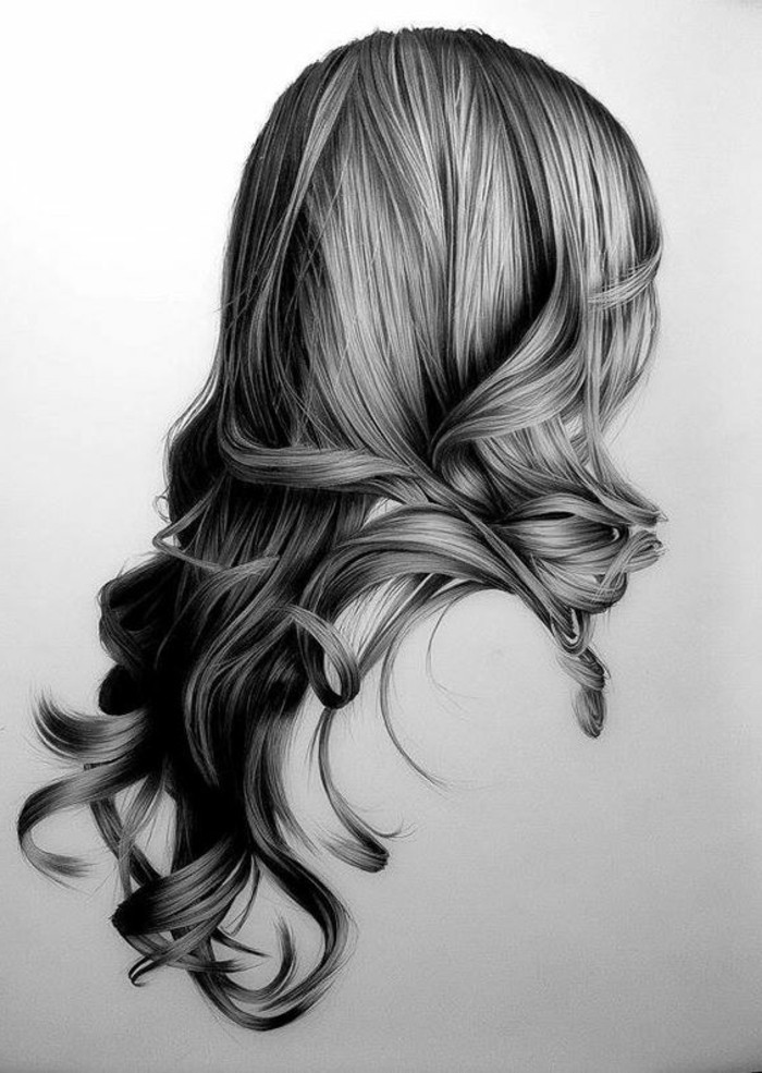 idée comment dessiner une fille au crayon, modèle de dessin blanc et noir à design fille et coiffure de cheveux longs 