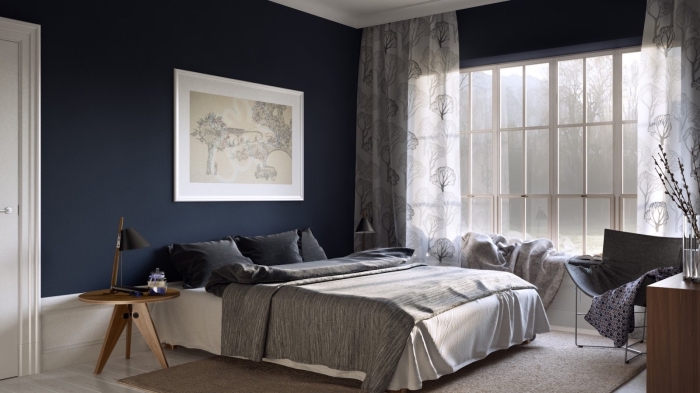 couleur chambre adulte tendance, exemple de pièce aux murs sombres avec plafond et plancher blanc aménagée avec meubles bois