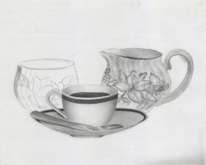 exemple de dessin facile a faire, dessin blanc et noir d'une tasse de boisson chaude et d'une théière à design fleuri