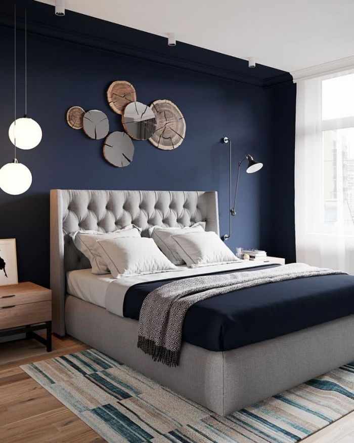idée peinture chambre adulte 2 couleurs, design chambre parentale aux murs bleu nuit avec plancher bois et plafond blanc
