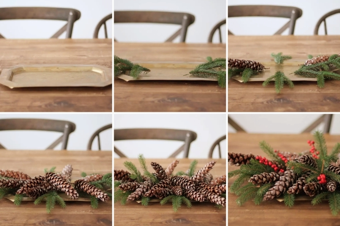 DIY centre de table noel à réaliser soi-même avec pommes de pin et branches de sapin, arrangement de Noël facile