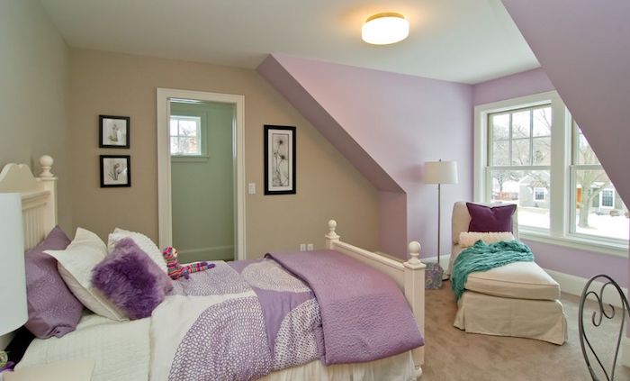 Beige et violet chambre à coucher, peintures sur les murs, idée deco peinture chambre, quelle couleur pour la chambre à coucher