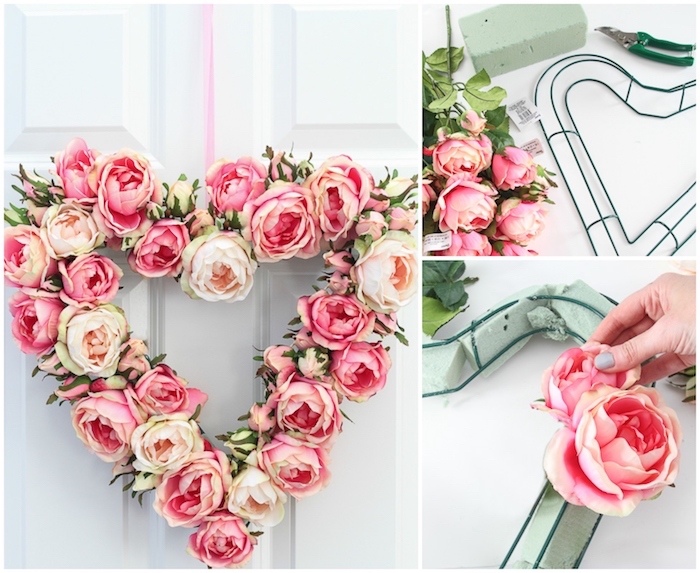 Couronne de fleurs en roses artificielles, idée décoration de saint valentin pour la porte d'entrée, comment décorer pour une fête romantique