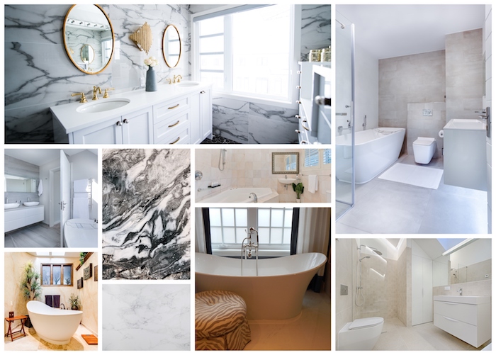 Collage salle de bain en marbre blanc, aménagement maison de luxe design, baignoire et double lavabo, idée déco salle de bains 