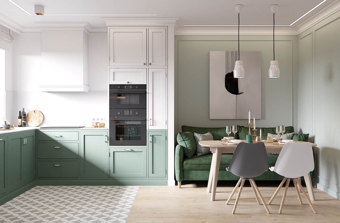 déco de cuisine aux murs bicolore en peinture vert sauge et peinture blanche, design cuisine en L aux murs blancs avec meubles verts