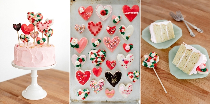exemple comment décorer un gâteau romantique pour la Saint Valentin avec cookies en forme de coeur sur bâtons
