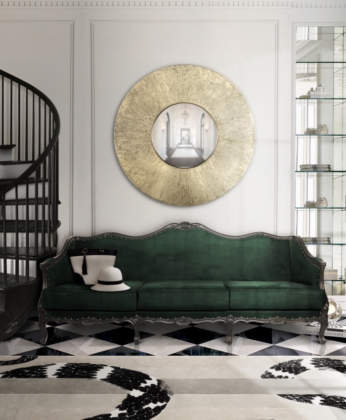decoration salon 2020 aux murs blancs et sol en dalles blanc et noir aménagé avec meuble rétro chic en velours et métal