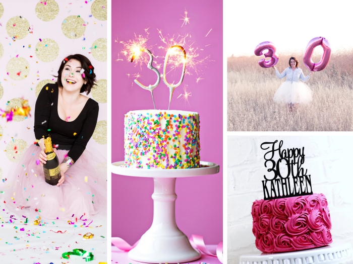 idée photobooth d'anniversaire 30 ans femme avec une déco murale en rose et glitter doré, gâteau confettis avec feux de bengali chiffres