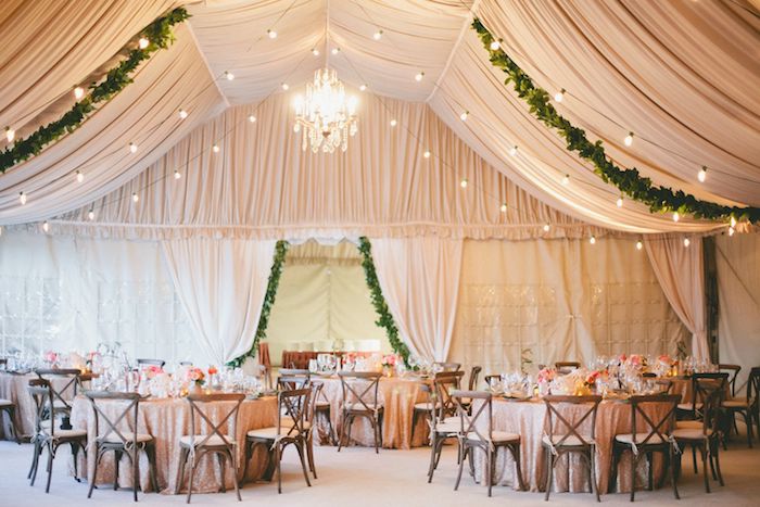 deco plafond mariage de voiles beiges, guirlande lumineuse et lustre élégant, chaises de bois autour de table décorée de nappe rose