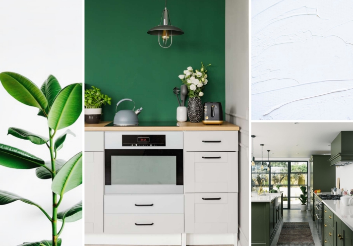 quelle couleur pour une cuisine, aménagement de cuisine aux murs verts avec meubles en bois à poignées noires