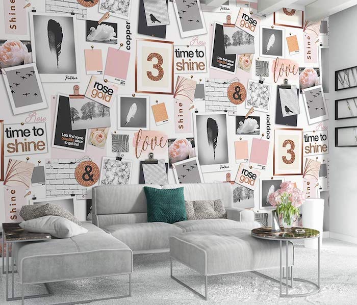 Salon gris, canapé et fauteuil confortable, mur décoré de photos en rose et doré, que faire quand on s ennuie, faire un tableau de visualisation