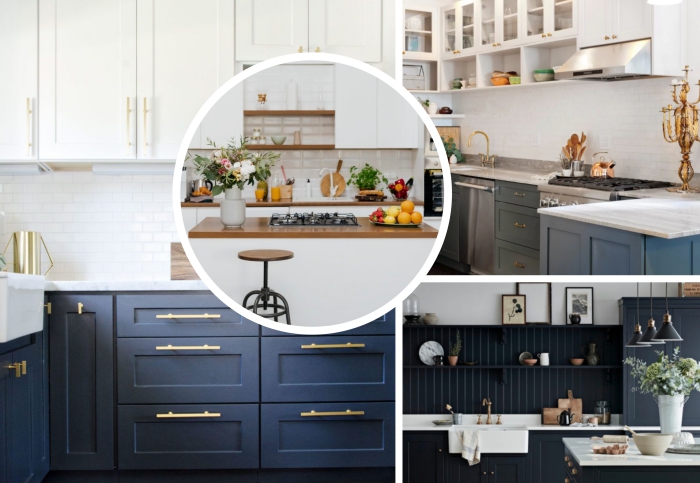 tendance couleur cuisine 2020, agencement de cuisine en L avec meubles haut en blanc à poignées dorées et façades bleu marine