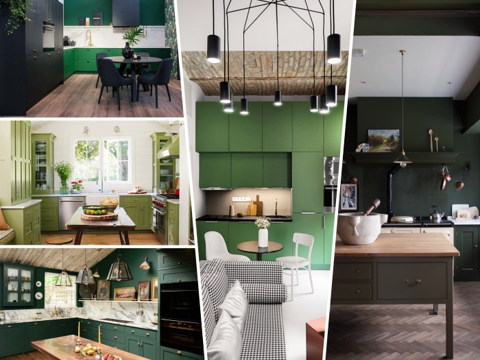 idée déco de cuisine en couleur vert amande, design cuisine en L au parquet bois foncé avec crédence marbre et façade meuble en vert