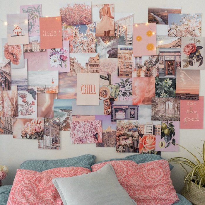 Rose peche sur le mur stylé bohème chambre à coucher tumblr inspiration, idée créative de faire son tableau pour se motiver à faire quelque chose