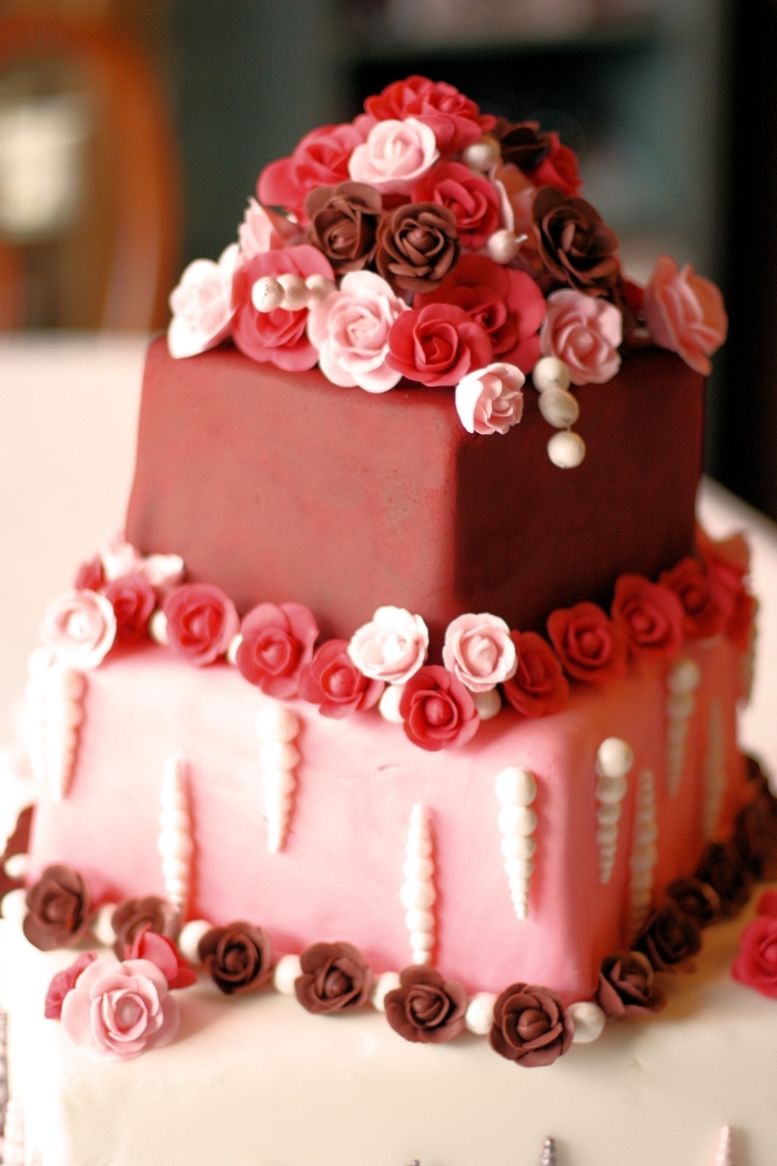 exemple de gateau st valentin fait maison aux génoises vanille et décoration en fondant rouge et rose avec petits fleurs comestibles