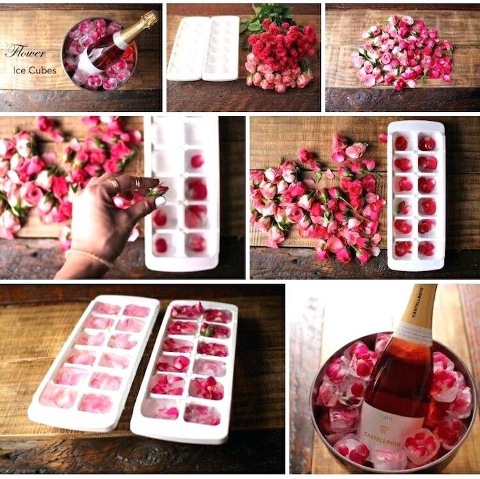 Petales de roses dans les cubes de glace pour refroidisser le champagne, décoration saint valentin, journée romantique déco simple et jolie