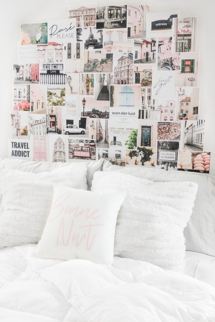exemple de tete de lit fait maison avec photos inspirantes, idée comment aménager une petite chambre ado