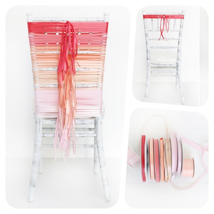 chaise de mariage décorée de rubans colorés effet ombré de roses, idée diy decoration salle mariage petit budget