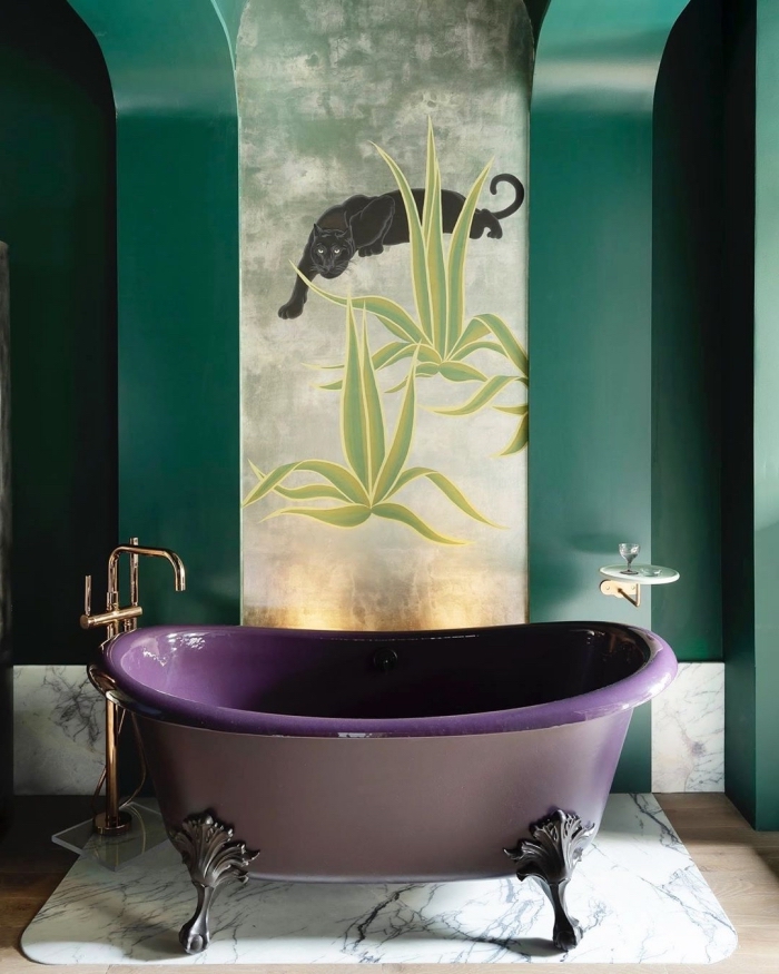 tendance couleur 2020, décoration de salle de bain verte de style contemporain avec éléments zen et tropicaux