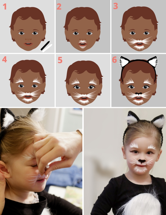 instructions en photos pour dessiner un maquillage enfant facile à design visage de chat, déguisement halloween d'enfant en animal