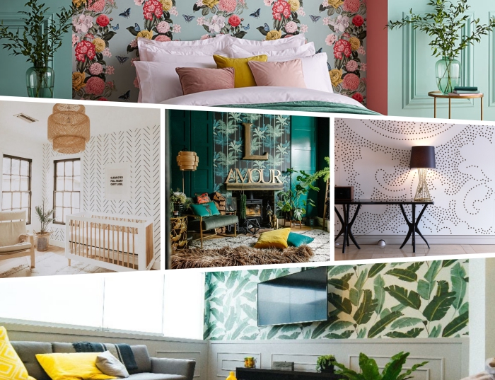 deco tendance 2020 pour une chambre à coucher adulte, modèle de papier peint de couleur vert pastel aux motifs floraux