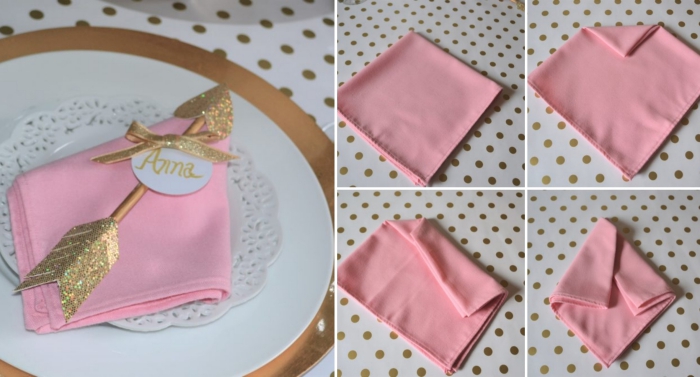technique de pliage de serviette tissu rose avec décoration DIY sous forme de bâton de princesse dorée avec étiquette
