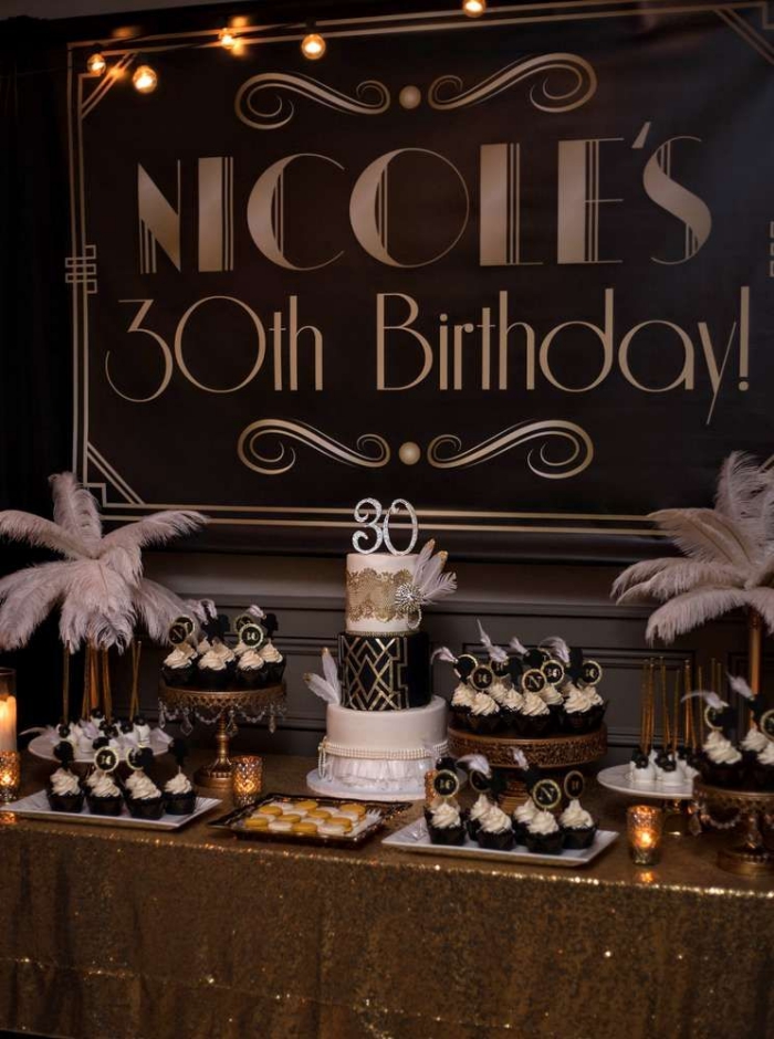 idée de theme anniversaire 30 ans, décoration table festive avec gâteau anniversaire et desserts muffins au chocolat