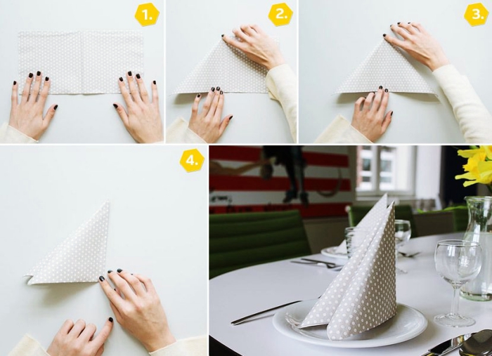 idée de pliage de serviette en papier facile pour anniversaire élégant, pas à pas pliage serviette en forme de triangle