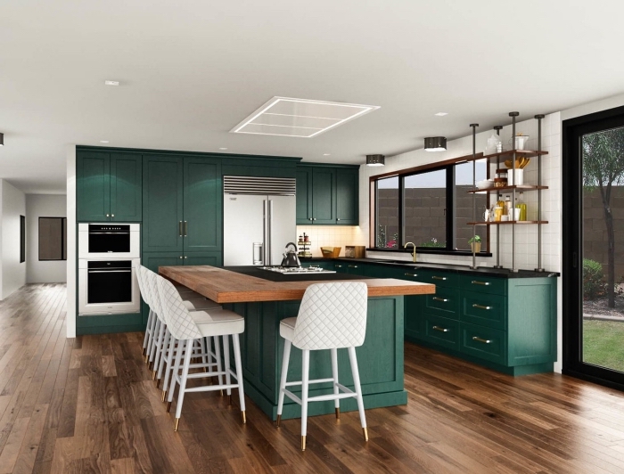 idée de couleur complémentaire du vert, décoration de cuisine moderne ouverte avec meubles de nuance vert foncé