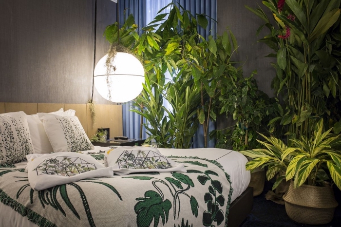 exemple comment décorer sa chambre moderne aux murs gris avec plantes vertes et linge de lit de style jungalow