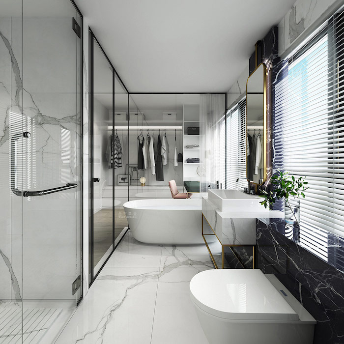 Beau espace salle de bain de luxe, idée salle de bain marbre blanc, endroit rangement vetement, grand miroirs