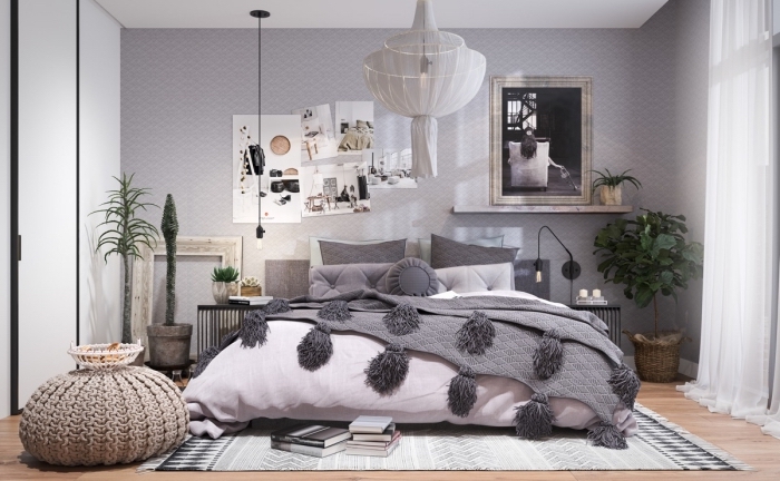 comment décorer une chambre à coucher de style moderne avec objets rétro chic en bois, idée deco lit avec jeté de lit gris à tassels