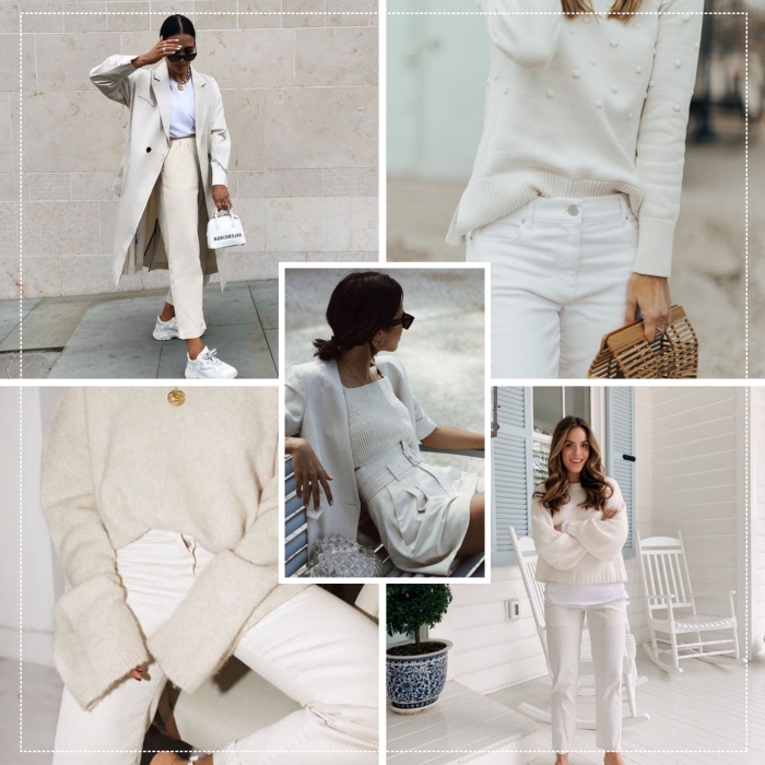 comment porter le blanc en hiver mode femme 2020, look total blanc en pantalon taille haute et blouse avec veste longue