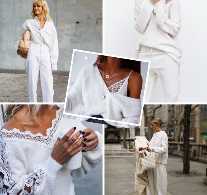 comment porter le blanc en hiver, modèle de pull blanc avec manches et décolleté en dentelle motifs volutes