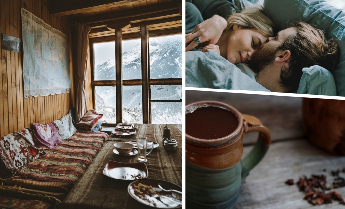 activité insolite couple, passer un week-end en amoureux dans une cabane en bois dans les montagnes enneigées
