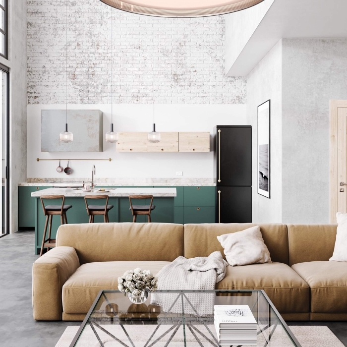 exemple comment aménager une cuisine moderne de style industriel aux murs à effet briques avec meubles vert et bois