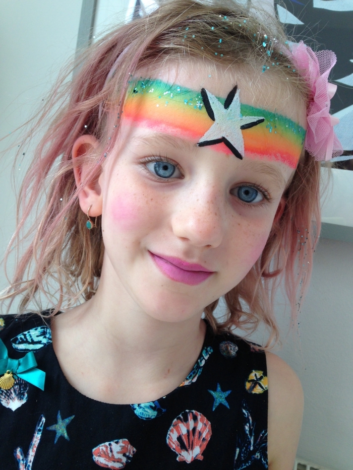 apprendre la peinture visage pour déguiser une fille pour un carnaval, modèle de peinture faciale à effet arc en ciel
