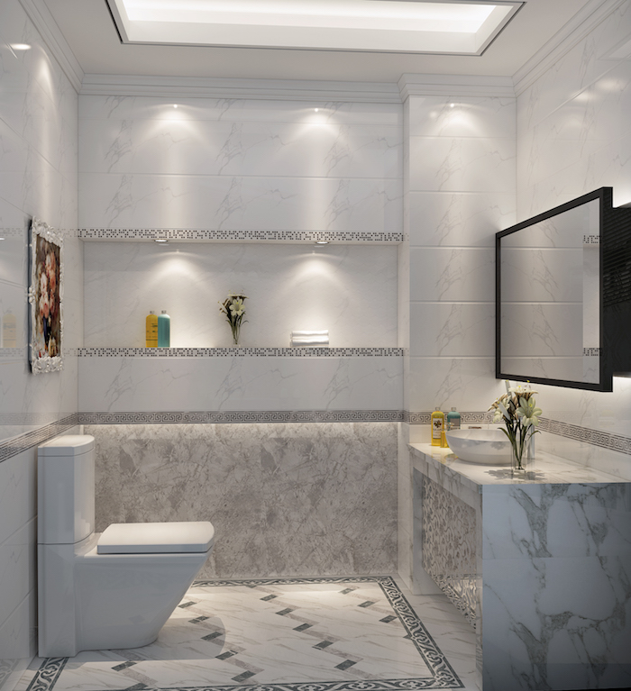 Toilette classique, salle de bain marbre blanc et bois à l'ancienne, salle de bain marbre blanc, meuble lavabo marbre