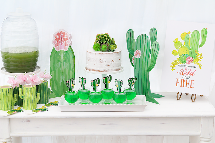 cactus idee deco candy bar avec des cactus de papier, cocktail cactus et gateau décoré de succulents