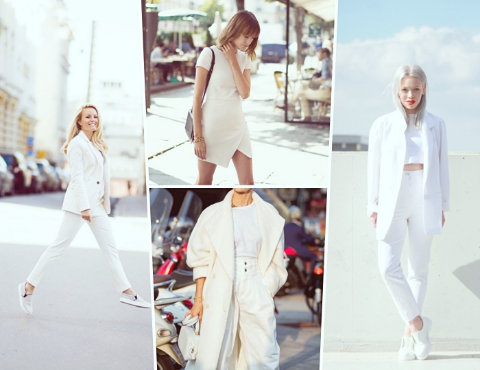 idée de tenue chic femme en vêtements blancs, comment bien s'habiller de style casual chic avec pantalon et chaussures sport