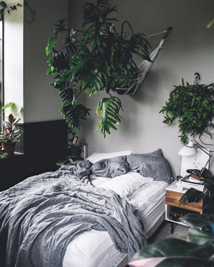 quelle couleur de peinture pour une chambre moderne, design pièce aux murs gris clair décorée avec plantes vertes