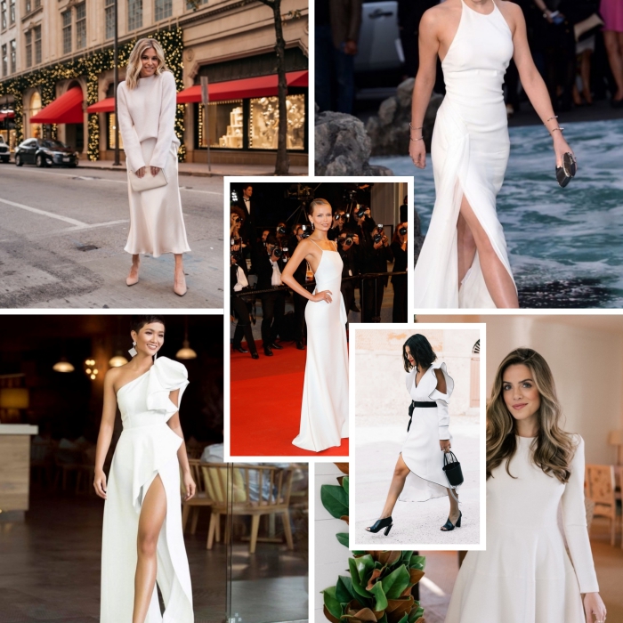 modèles de robe de soirée longue et élégante, tenue stylée en jupe de satin longue et blanche avec pull oversize