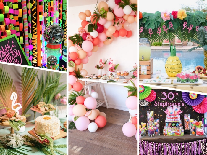 idée anniversaire 30 ans sur thème, décoration festive de style tropical avec figurine lumineuse flamant rose et feuilles vertes