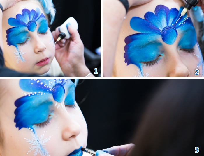 pas à pas pour faire un joli maquillage sur le thème Disney, maquillage halloween enfant à design personnage La Reine des Neiges