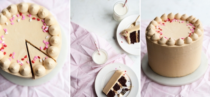 idée quel dessert préparer pour un repas saint valentin romantique, modèle de gâteau rond au chocolat noir et caramel