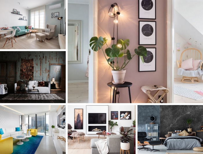 exemple de deco appartement moderne aux murs blanc et bleu pastel aménagé avec meubles beige et un canapé turquoise en velours