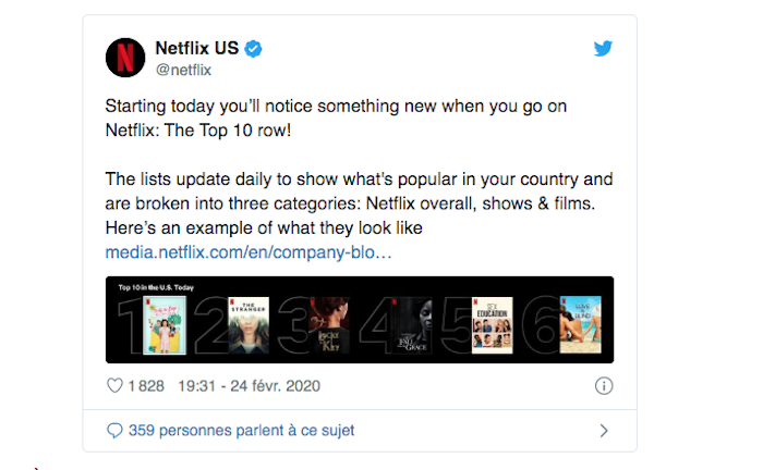 La plateforme Netflix met en place une catégorie présentant le top 10 des programmes les plus vus au jour le jour