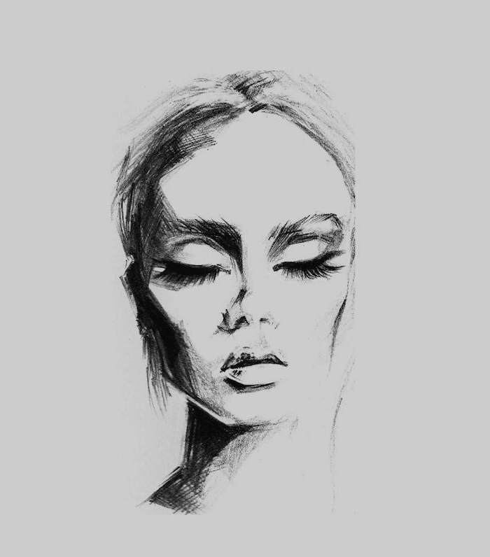 comment bien dessiner un visage femme aux yeux fermés, idee dessin art noir et blanc