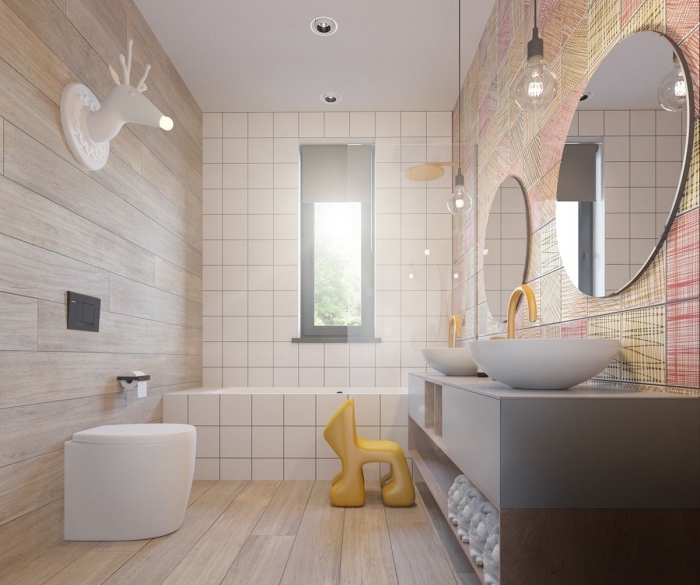 idée de deco salle de bain enfant moderne aux murs en carrelage aspect bois clair et baignoire en carrelage blanc